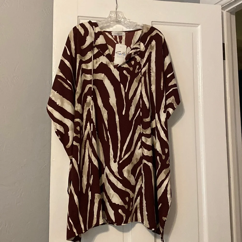 SOHO Brown Cream Zebra Print Kaftan mini dress V neck Short sleeve Resortwear LG - Picture 3 of 9